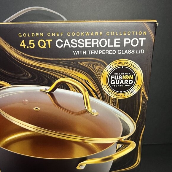 NIB Parini 4.5Qt 18K Infused Gold Coated Casserole Pot w/ Tempered Glass Lid - Picture 2 of 7